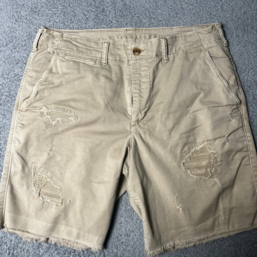 American Eagle Mens 34 Classic Flex Shorts Khaki Distressed Frayed Hem Tan